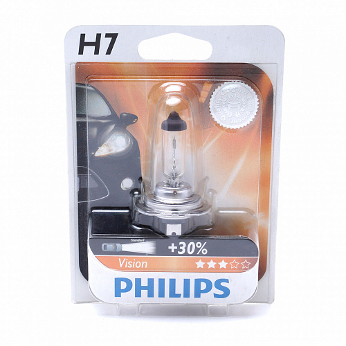 Галогенная лампа головного света H7 Philips Vision+30% 3200К 12V 55W PX26d 12972PRB1 блистер