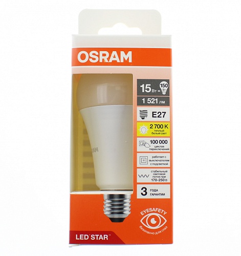 Лампа "груша" светодиодная OSRAM LED Star 15Вт, 1521лм, 2700К, E27 (замена 150Вт)