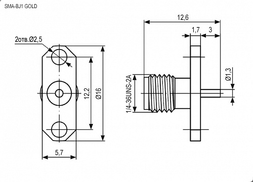 SMA-BJ1 гнездо на корпус (фланец) GOLD, Разъём высокочастотный