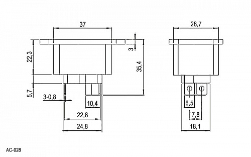 AC-028 розетка на корпус (220В) 3 контакта, Разъем питания