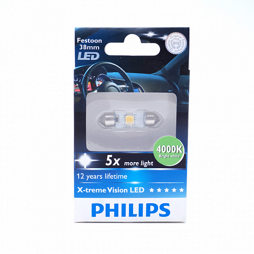 Светодиодная лампа C5W Philips Festoon X-treme Vision LED White 4000K 12V T10,5x38 128584000KX1  1