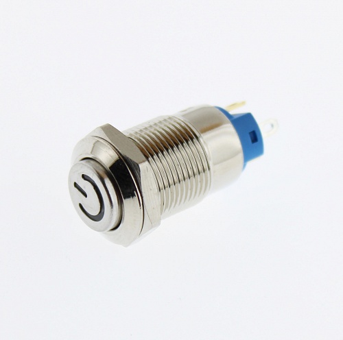 Переключатель кнопочный антивандальный D-12 mm steel ON-OFF 12-24В White symbol power off  (4pin)