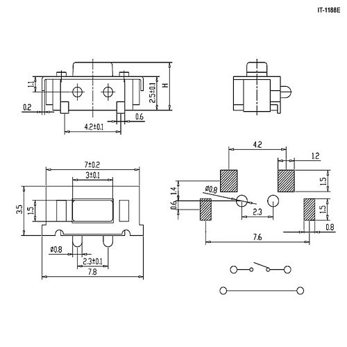Кнопка тактовая IT-1188E  7,8x3,5x3.5мм