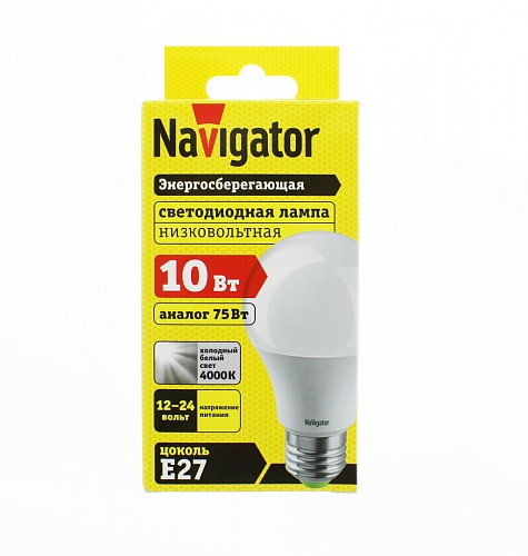 Низковольтная лампа Navigator NLL-A60-10-12/24-4K-E27 (12-24В, 10Вт, аналог 75Вт)