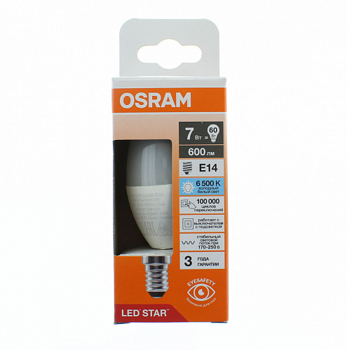 Лампа "свеча" светодиодная OSRAM LED Star 7Вт, 600лм, 6500К, E14 (замена 60Вт)