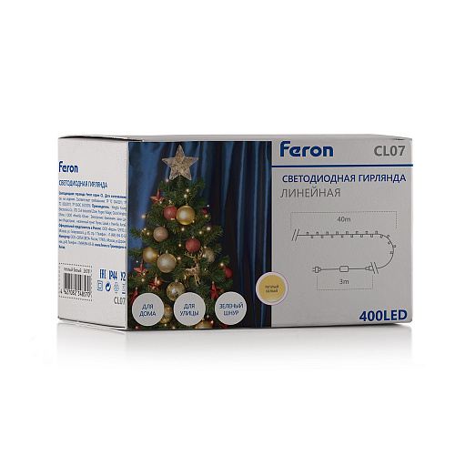 Гирлянда 230V 400 LED 40м, 2700K, IP44, шнур 3м, CL07 линейная