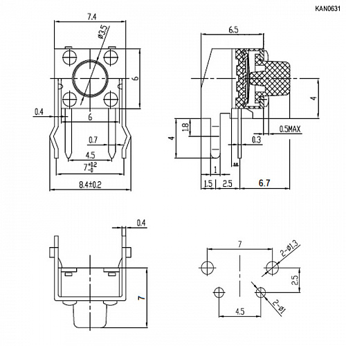 Кнопка тактовая KAN0631-0501B (SWT-7) угловая 7.4x6.0x6.5мм