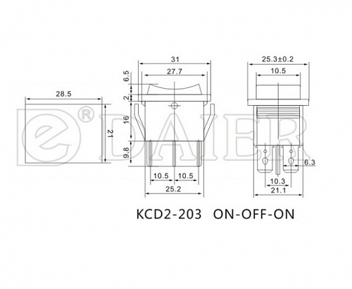 Переключатель клавишный KCD2-203-6C on-off-on черный