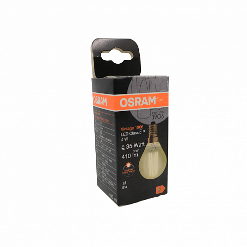 Лампа филаментная светодиодная "шар" OSRAM 1906 CP35 4W 410lm 2400К E14 золотистая 1 Повреждение упаковки