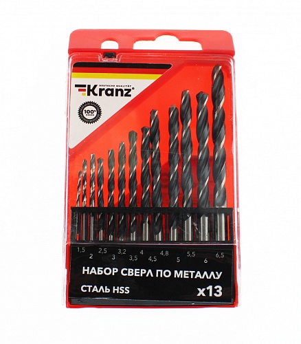 Набор сверл по металлу (HSS) диаметр 1.5-6.5 мм (13 шт.) Kranz