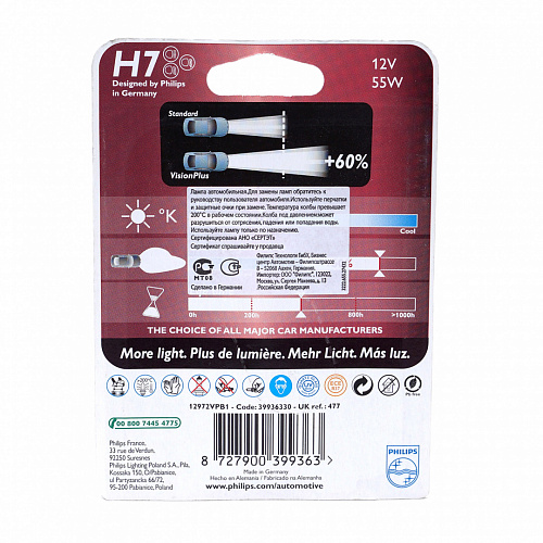 Галогенная лампа головного света H7 Philips VisionPlus+60% 3250К 12V 55W PX26d 12972VPB1 блистер
